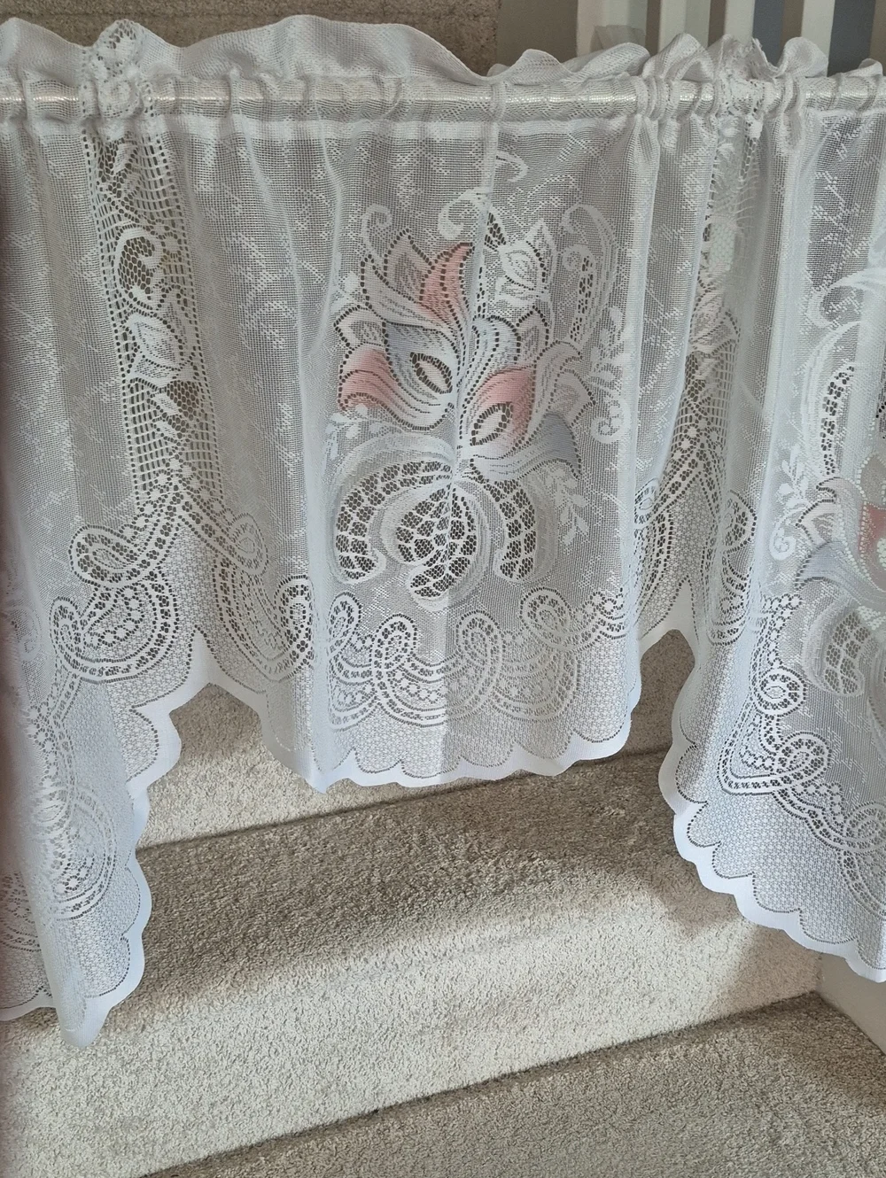Delicate White Lace Swag Curtain with Pink Floral Accents 58x30